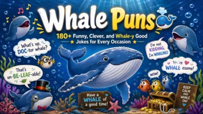 A colorful underwater infographic showing cartoon whales telling funny, clever whale puns.