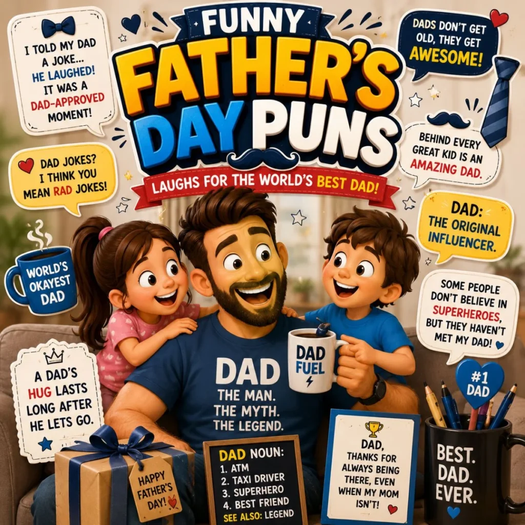 Funny Father's Day puns illustration with smiling dad, happy kids, coffee mug, gift box, and classic dad jokes