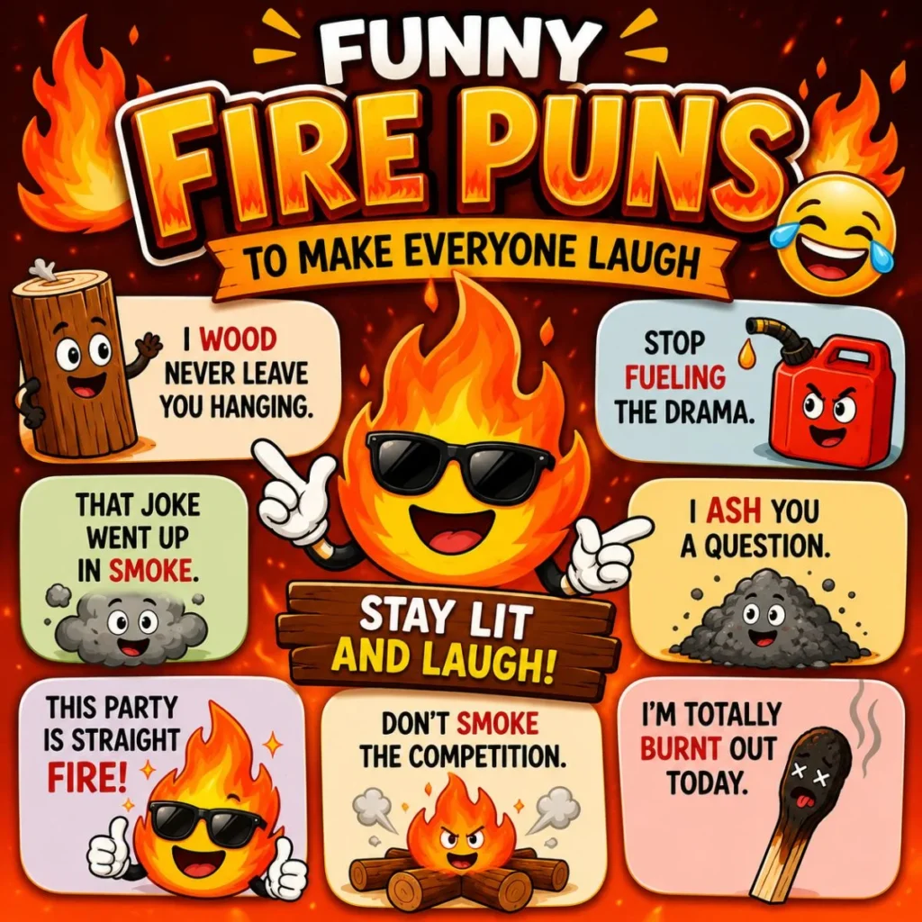 Funny fire puns cartoon with smiling flame characters, witty jokes, and colorful illustrations for laughter and social sharing