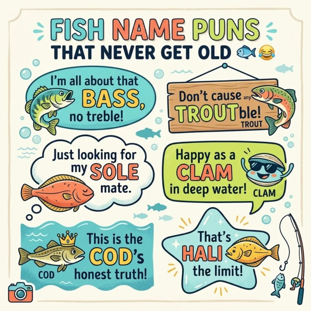 Infographic of funny fish name puns like "bass, no treble" and "sole mate" with colorful cartoon fish illustrations.