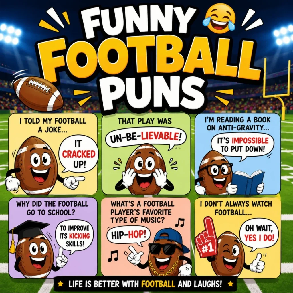 Funny football puns poster with cartoon football characters, jokes, and a bright stadium background.