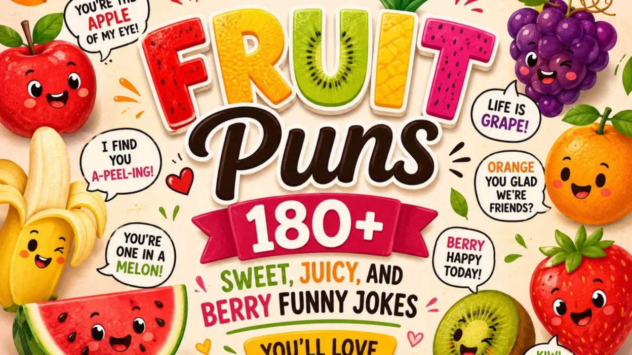 Colorful fruit puns illustration with cute apple, banana, strawberry, kiwi, grapes, and funny fruity jokes