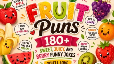 Colorful fruit puns illustration with cute apple, banana, strawberry, kiwi, grapes, and funny fruity jokes