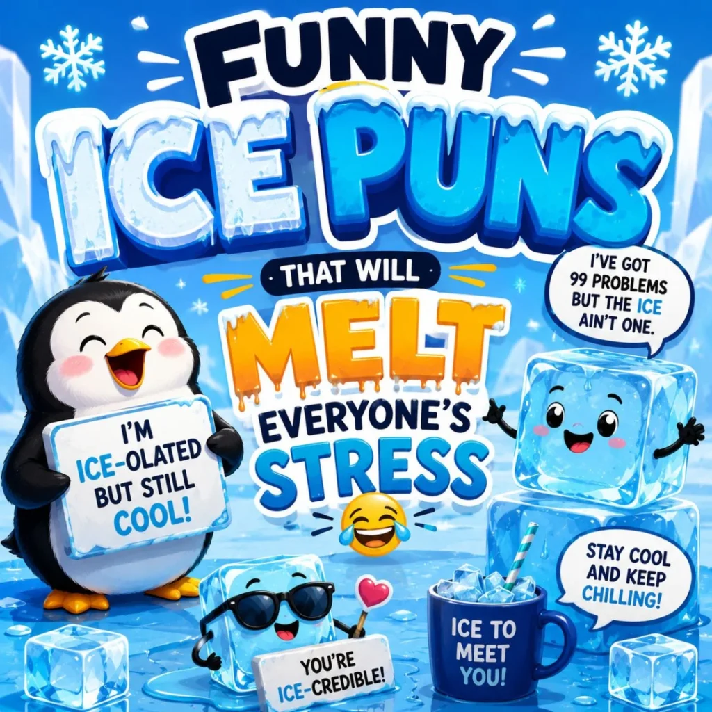Funny Ice Puns image with a happy penguin, smiling ice cubes, and frosty jokes that melt stress with icy humor.