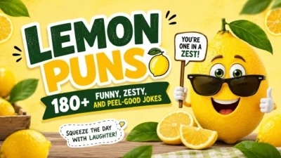 Funny lemon puns illustration with a smiling cartoon lemon, zesty jokes, and bright citrus theme for humor lovers