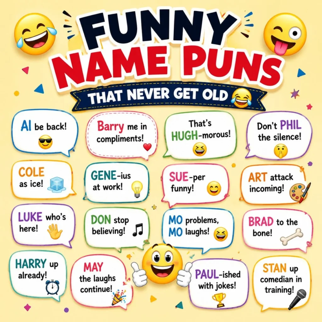Funny name puns illustration with colorful speech bubbles, playful typography, emojis, and hilarious name jokes.