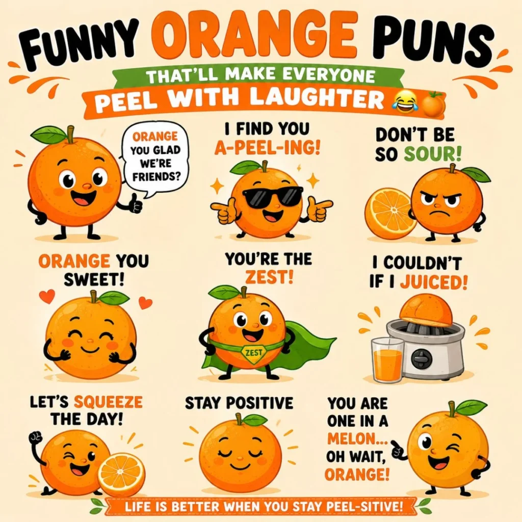 Funny orange puns poster with cute cartoon oranges and citrus jokes that make everyone peel with laughter