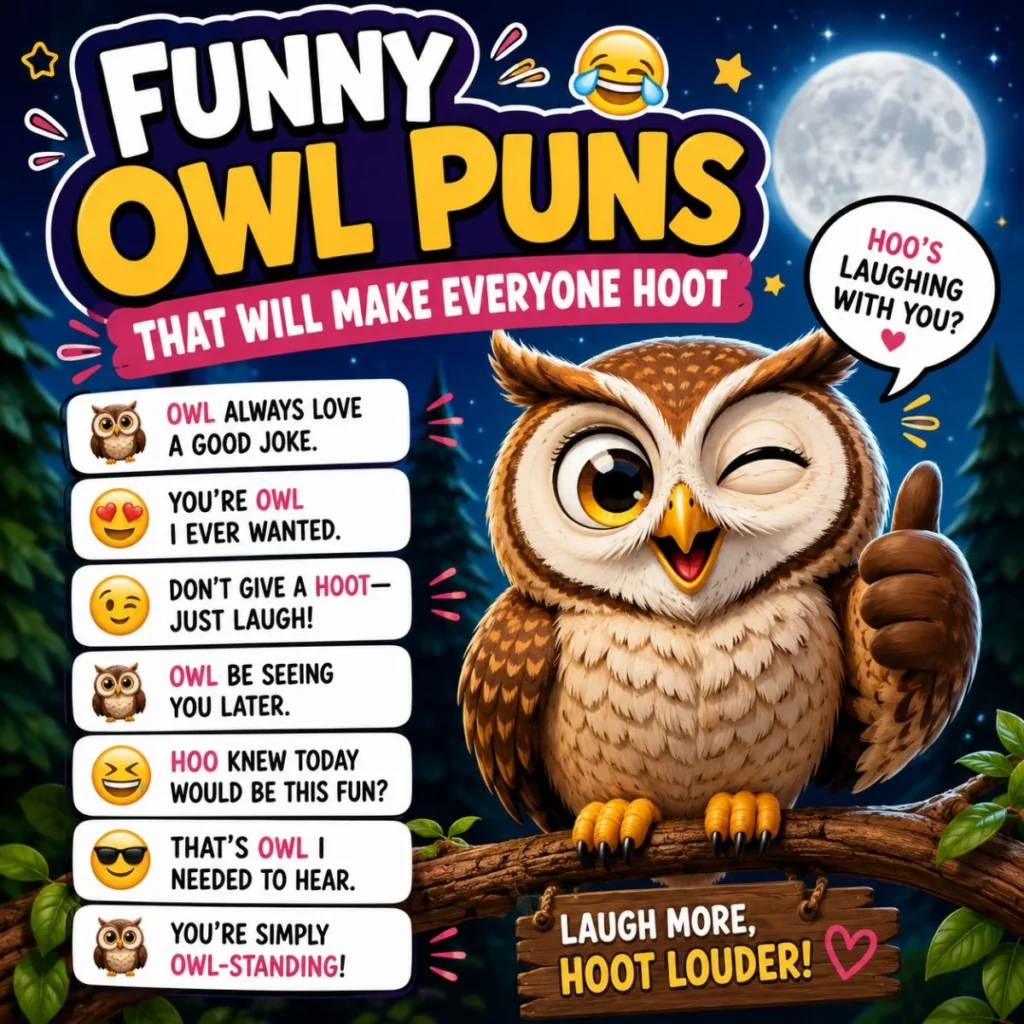 Funny owl puns illustration with a winking owl and hilarious owl jokes under a moonlit night sky