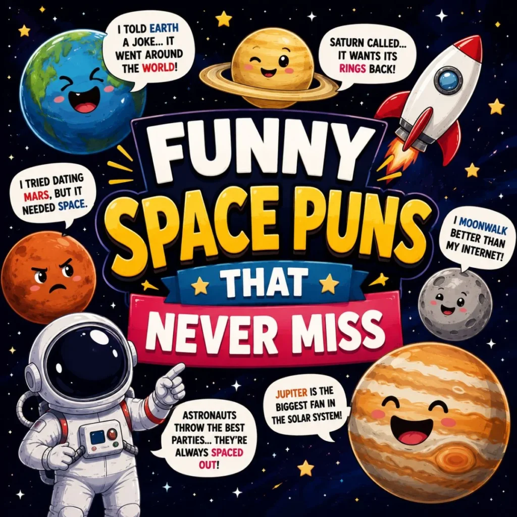 Funny space puns cartoon with astronaut, rocket, smiling planets, and humorous galaxy jokes