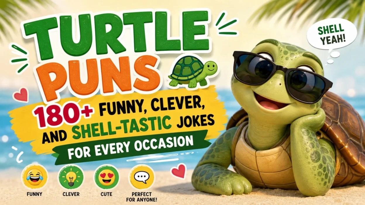 Cute turtle wearing sunglasses on a beach with colorful text promoting 180+ funny turtle puns and shell-tastic jokes.