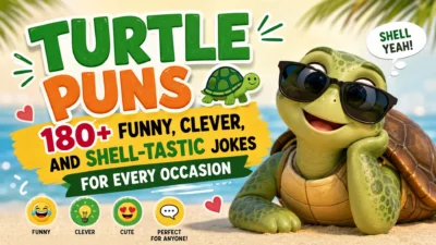 Cute turtle wearing sunglasses on a beach with colorful text promoting 180+ funny turtle puns and shell-tastic jokes.