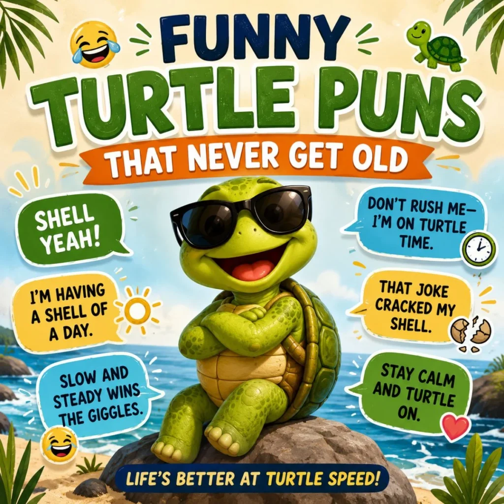 Funny turtle puns poster featuring a smiling turtle with sunglasses and playful shell jokes on a sunny beach.