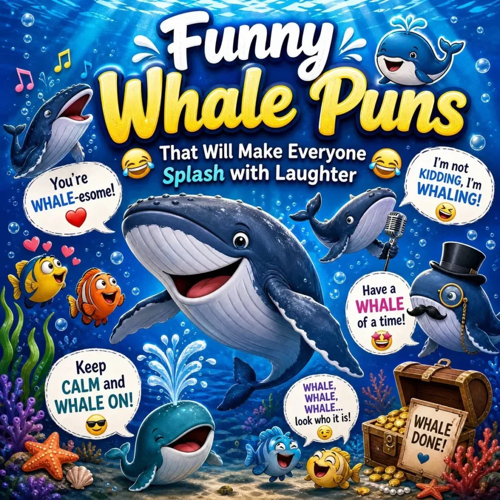 A square social media graphic with the title "Funny Whale Puns" featuring a cartoon whale surrounded by laughing fish and punny text bubbles.