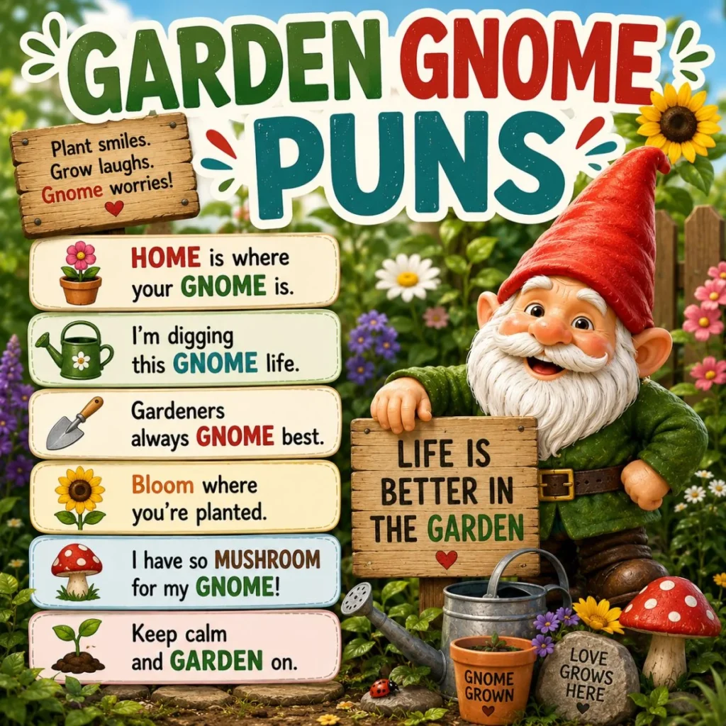 Garden gnome puns illustration with funny garden jokes, colorful flowers, mushrooms, and a cheerful garden gnome