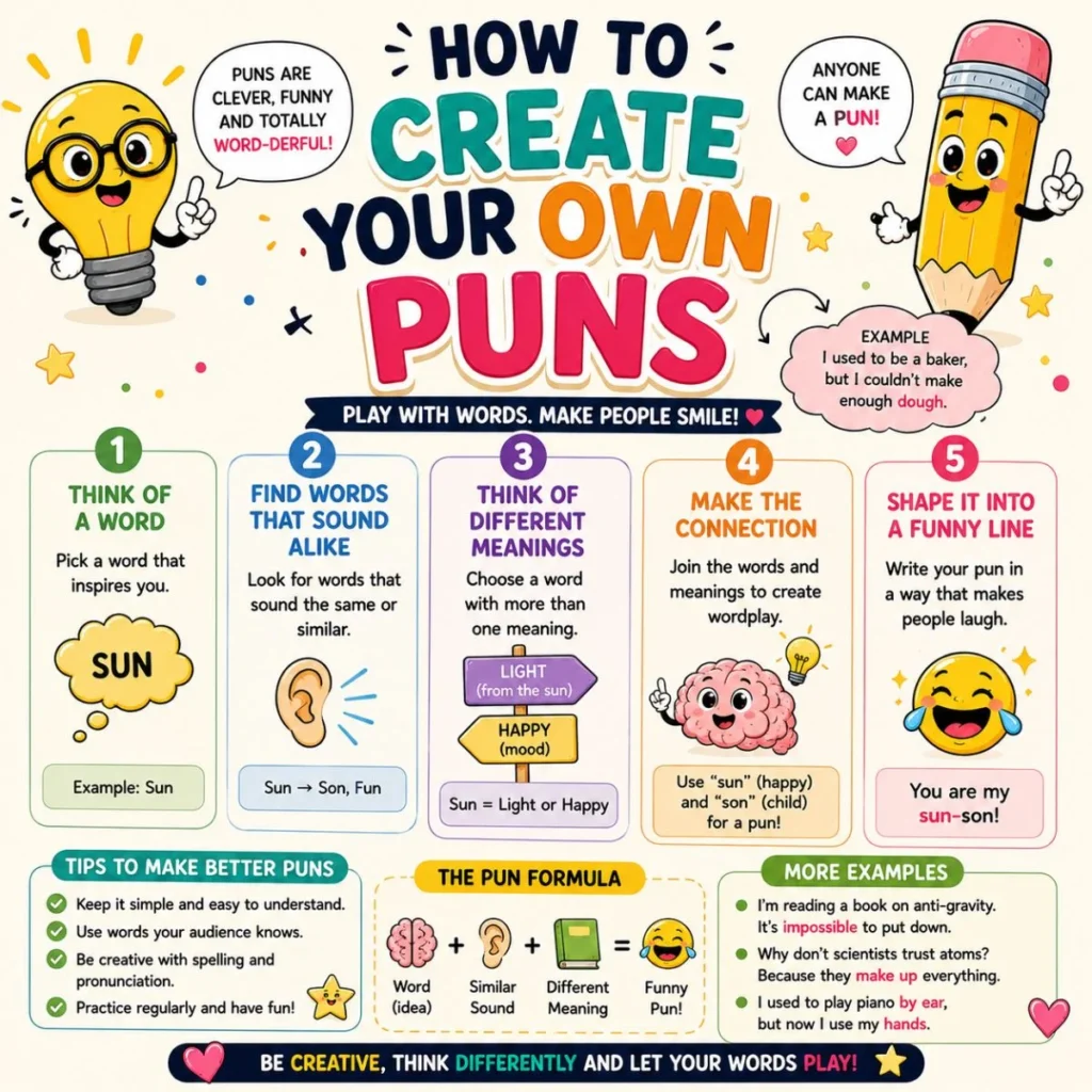 How to create your own puns infographic with easy wordplay tips, fun examples, and colorful cartoon illustrations