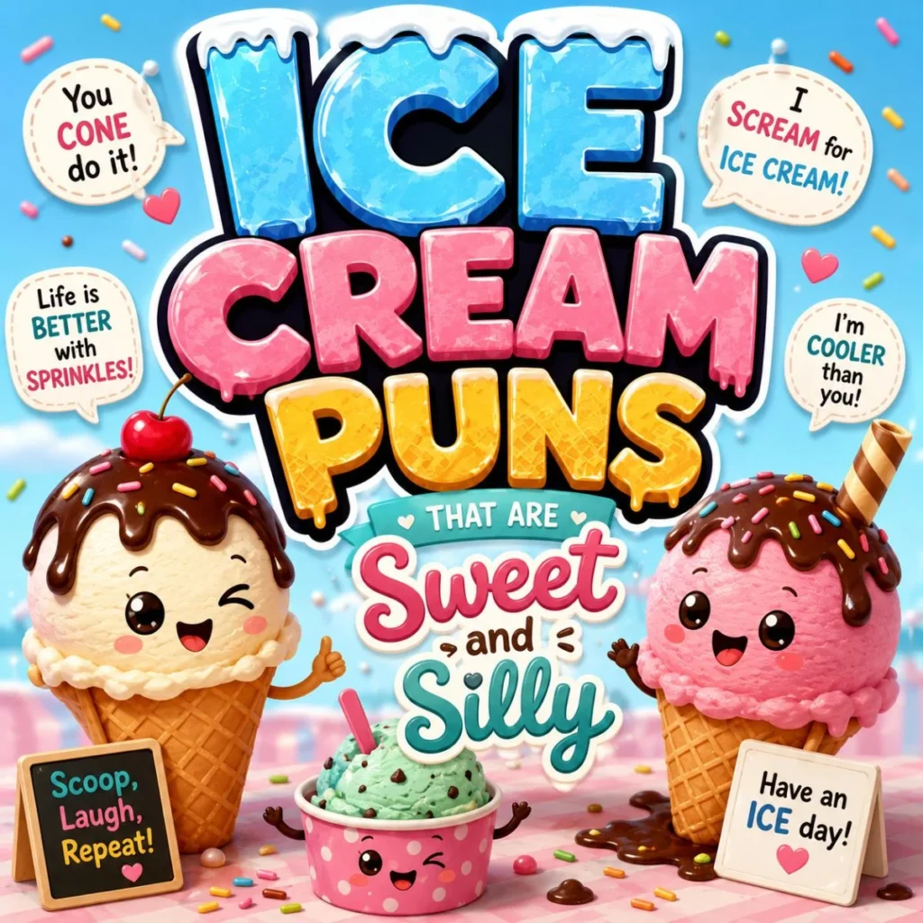 Cute ice cream puns illustration with smiling ice cream cones, colorful sprinkles, and sweet cartoon humor.