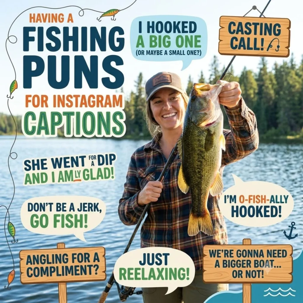 A happy fisherwoman holding a large bass by a lake, surrounded by fun fishing pun text bubbles for Instagram.