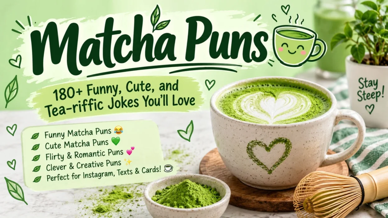 Cup of matcha latte with bamboo whisk and playful matcha puns text for a funny matcha puns collection