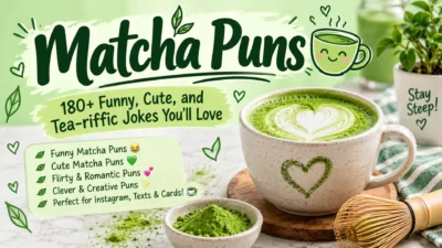 Cup of matcha latte with bamboo whisk and playful matcha puns text for a funny matcha puns collection