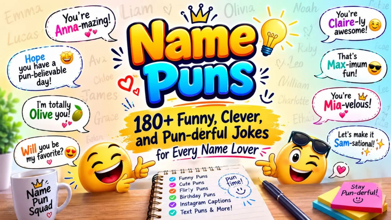 Colorful Name Puns illustration featuring funny name jokes, speech bubbles, emojis, and playful typography for every occasion.