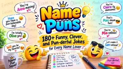 Colorful Name Puns illustration featuring funny name jokes, speech bubbles, emojis, and playful typography for every occasion.