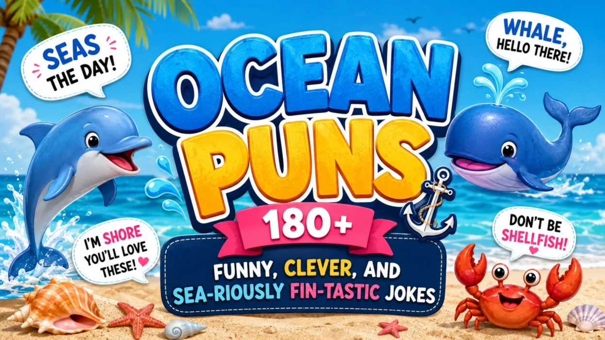 Ocean puns graphic with dolphins, whale, crab, beach, and funny sea jokes for ocean puns article cover