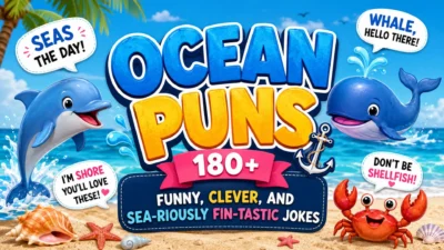 Ocean puns graphic with dolphins, whale, crab, beach, and funny sea jokes for ocean puns article cover