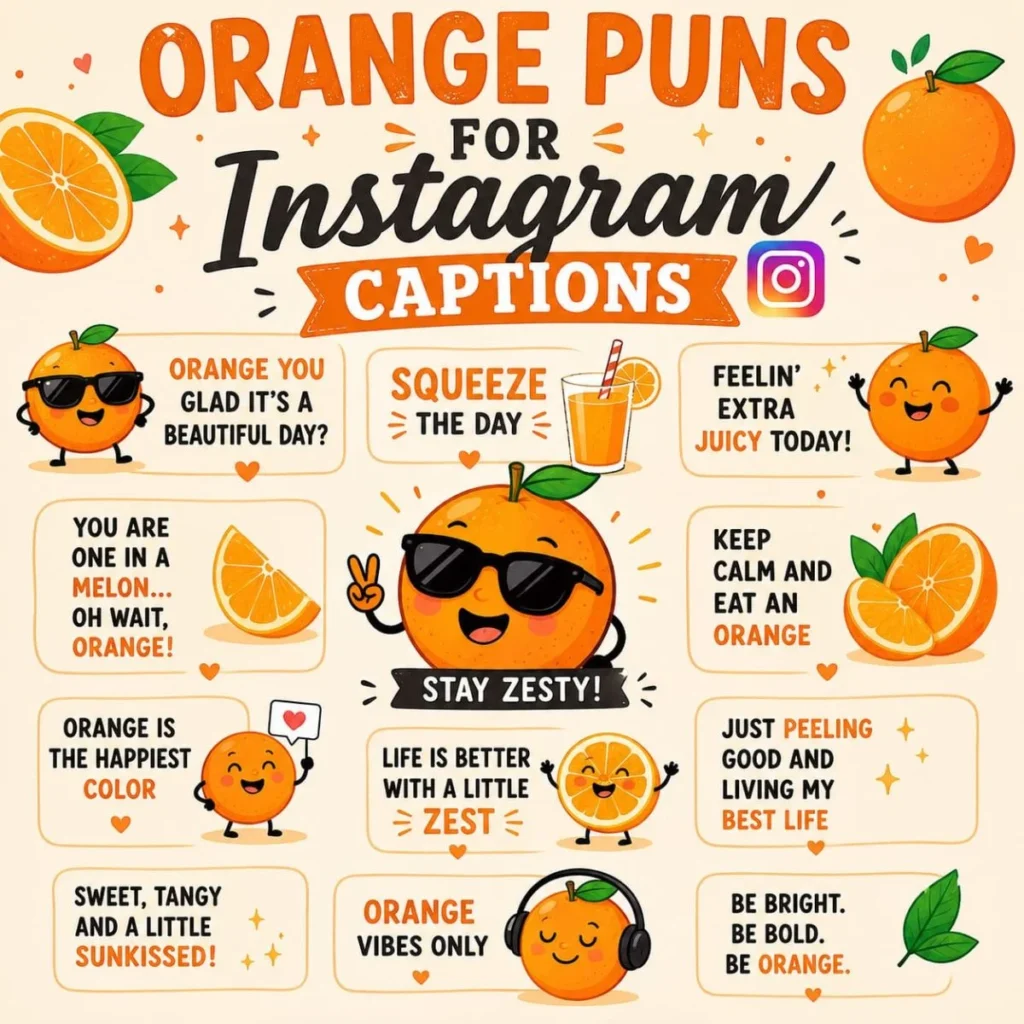 Orange puns for Instagram captions with cute cartoon oranges and funny citrus quotes in a colorful square poster
