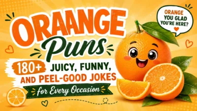 Colorful orange puns banner featuring a smiling orange, citrus slices, and playful typography with juicy funny jokes.