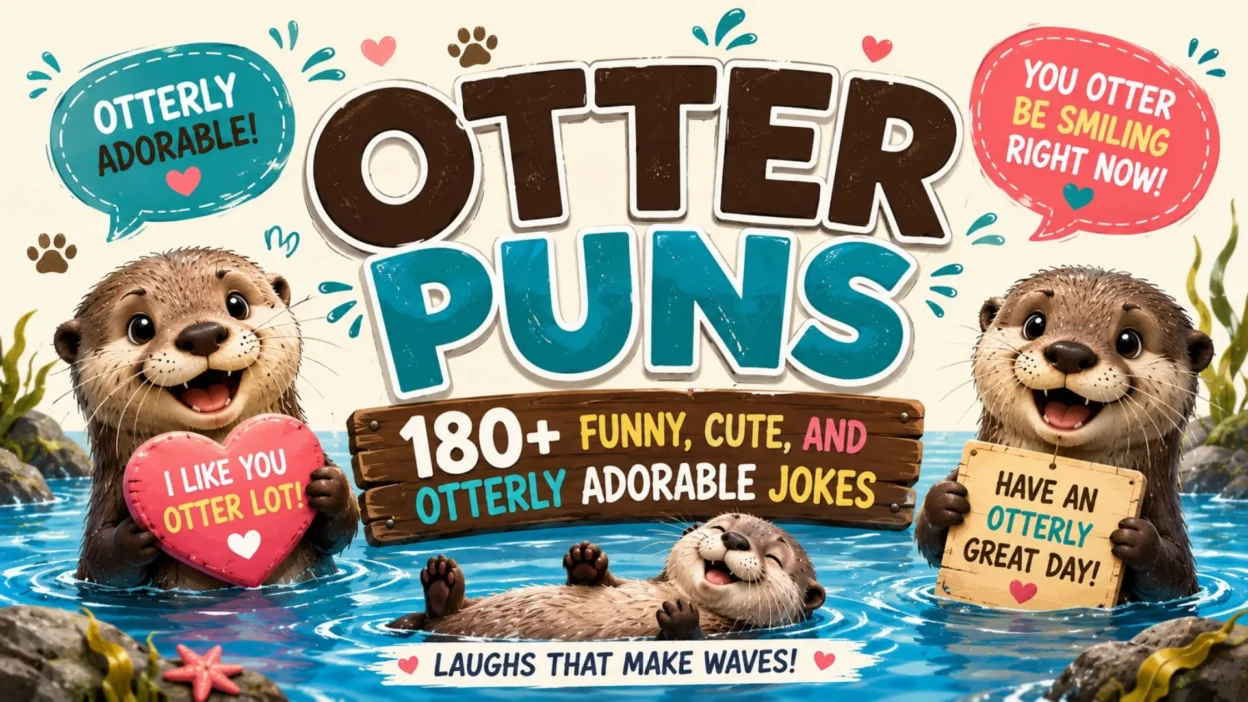 Cute otter puns banner with smiling cartoon otters, funny signs, and 180+ otter puns for animal lovers