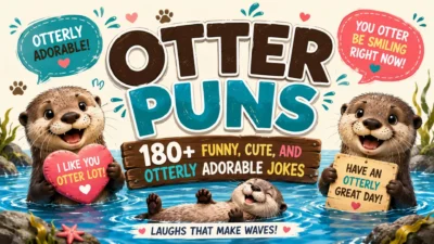Cute otter puns banner with smiling cartoon otters, funny signs, and 180+ otter puns for animal lovers