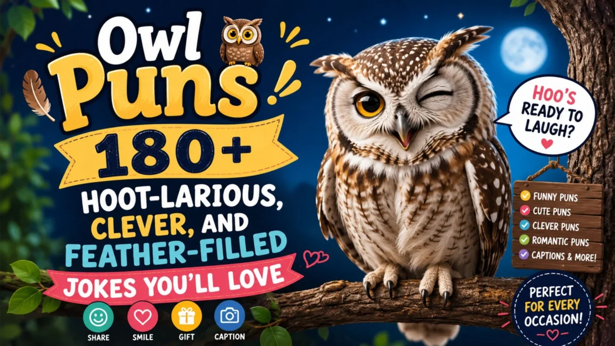 Cute winking owl on a tree branch with owl puns title, featuring 180+ funny, clever, and feather-filled owl jokes