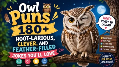 Cute winking owl on a tree branch with owl puns title, featuring 180+ funny, clever, and feather-filled owl jokes