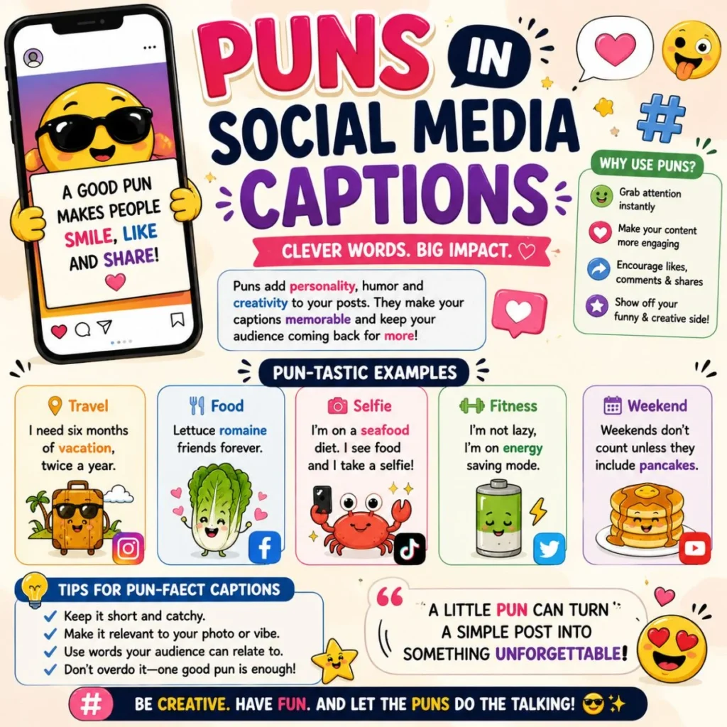 Puns in social media captions infographic with funny caption ideas, smartphone, emojis, and creative social media examples