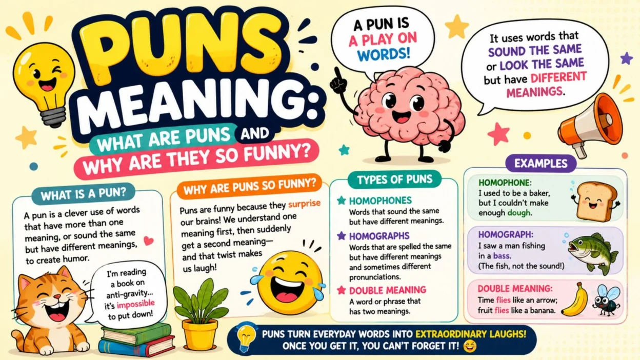 Puns meaning infographic explaining what puns are, why they are funny, and common types of wordplay with simple examples