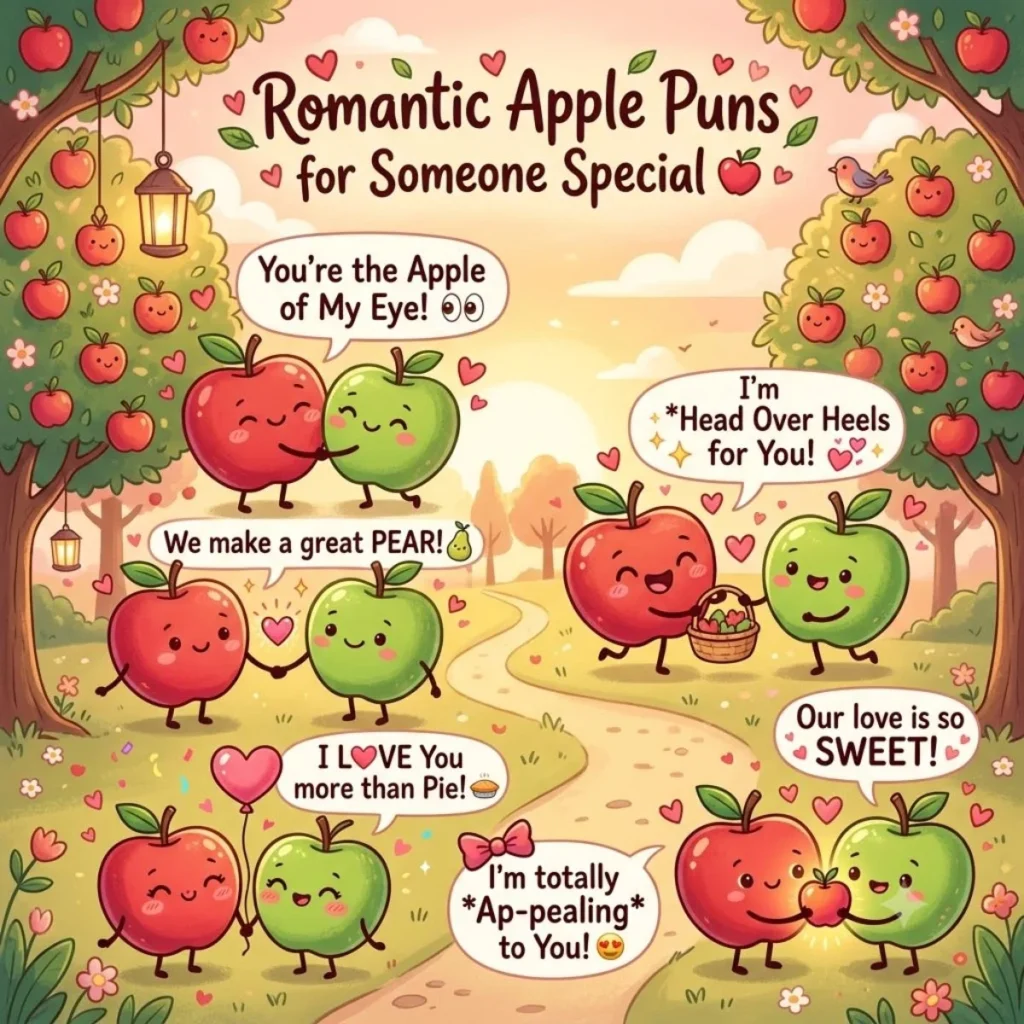 Illustration of romantic apple puns with cute cartoon characters in an orchard.