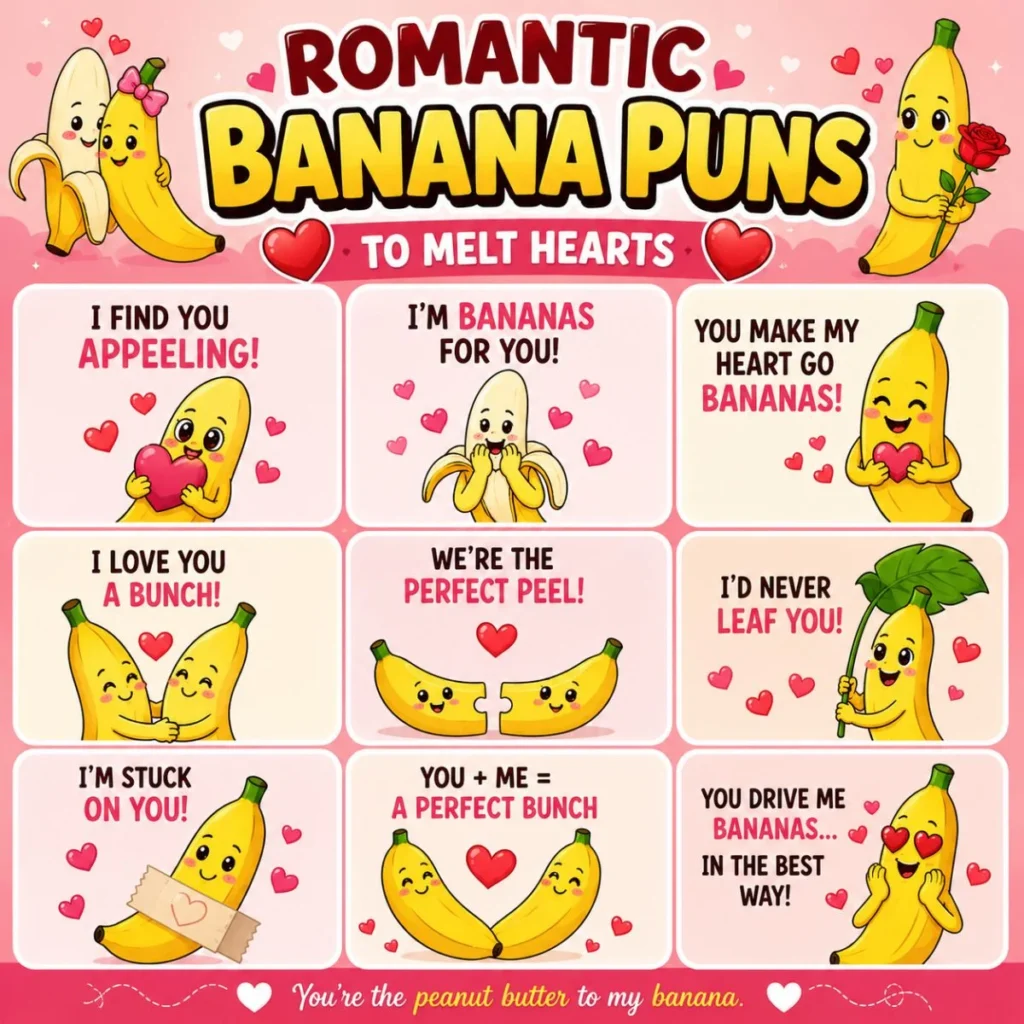 Romantic banana puns infographic with cute cartoon bananas, love quotes, and sweet fruit jokes for couples and Valentine's Day.