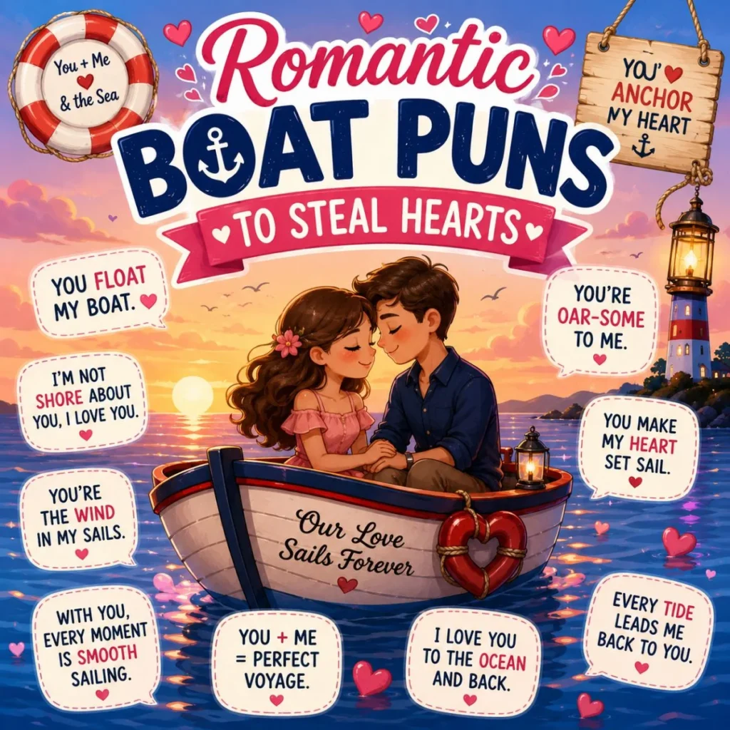 Romantic boat puns illustration with a couple in a boat, sunset, hearts, and sweet nautical love jokes.