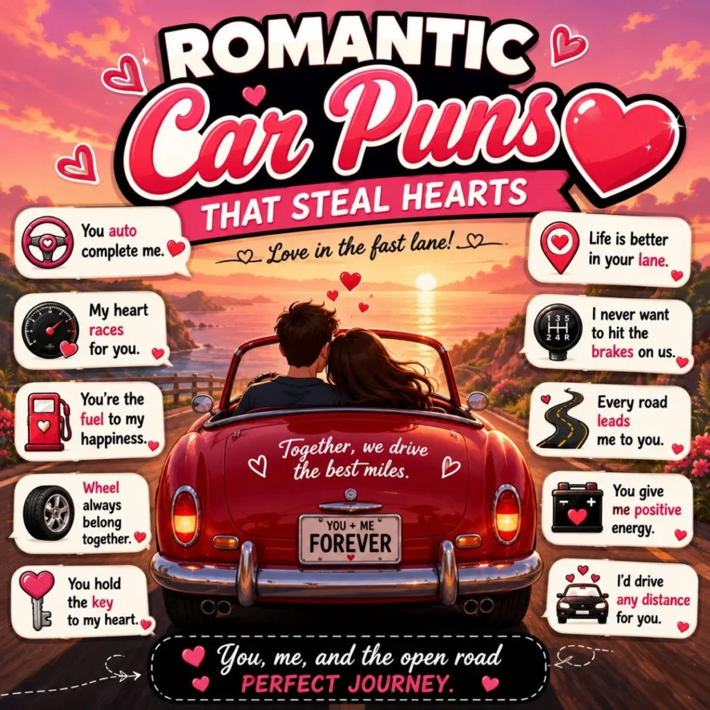 Romantic car puns with a couple in a red convertible, featuring cute love jokes and heartwarming driving wordplay