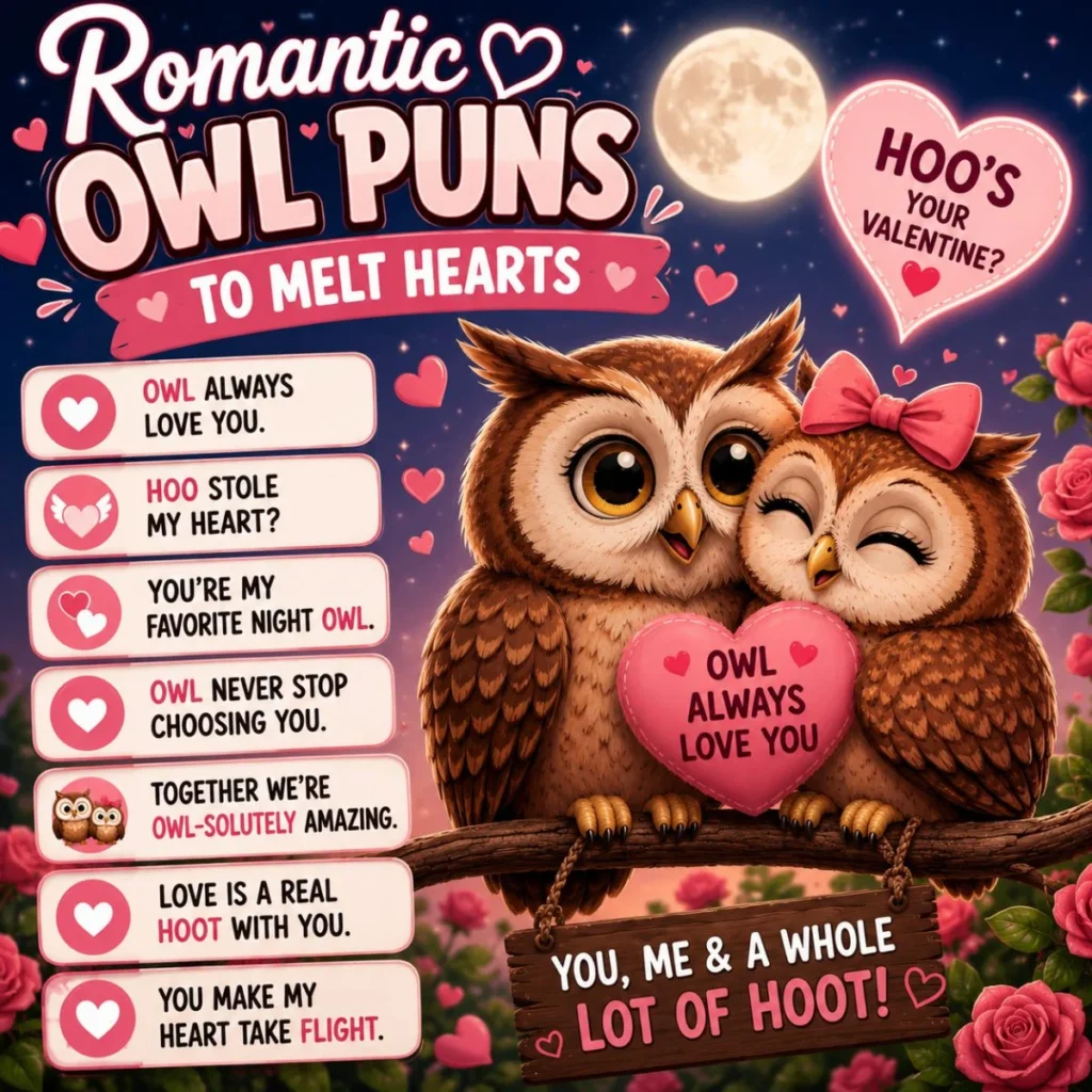 Two adorable owls sharing a heart with romantic owl puns under a moonlit sky, perfect for Valentine's Day and love messages