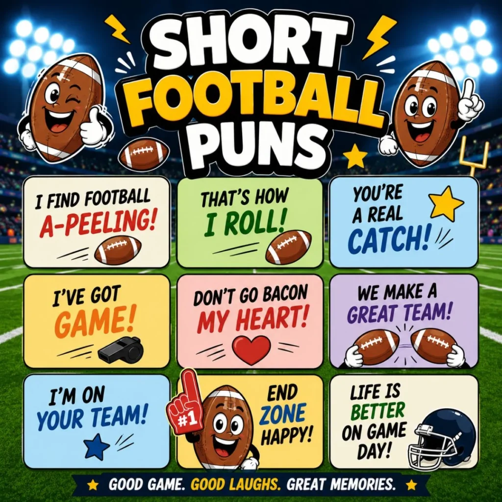 Short football puns poster with cartoon footballs, funny quotes, and a bright stadium background.