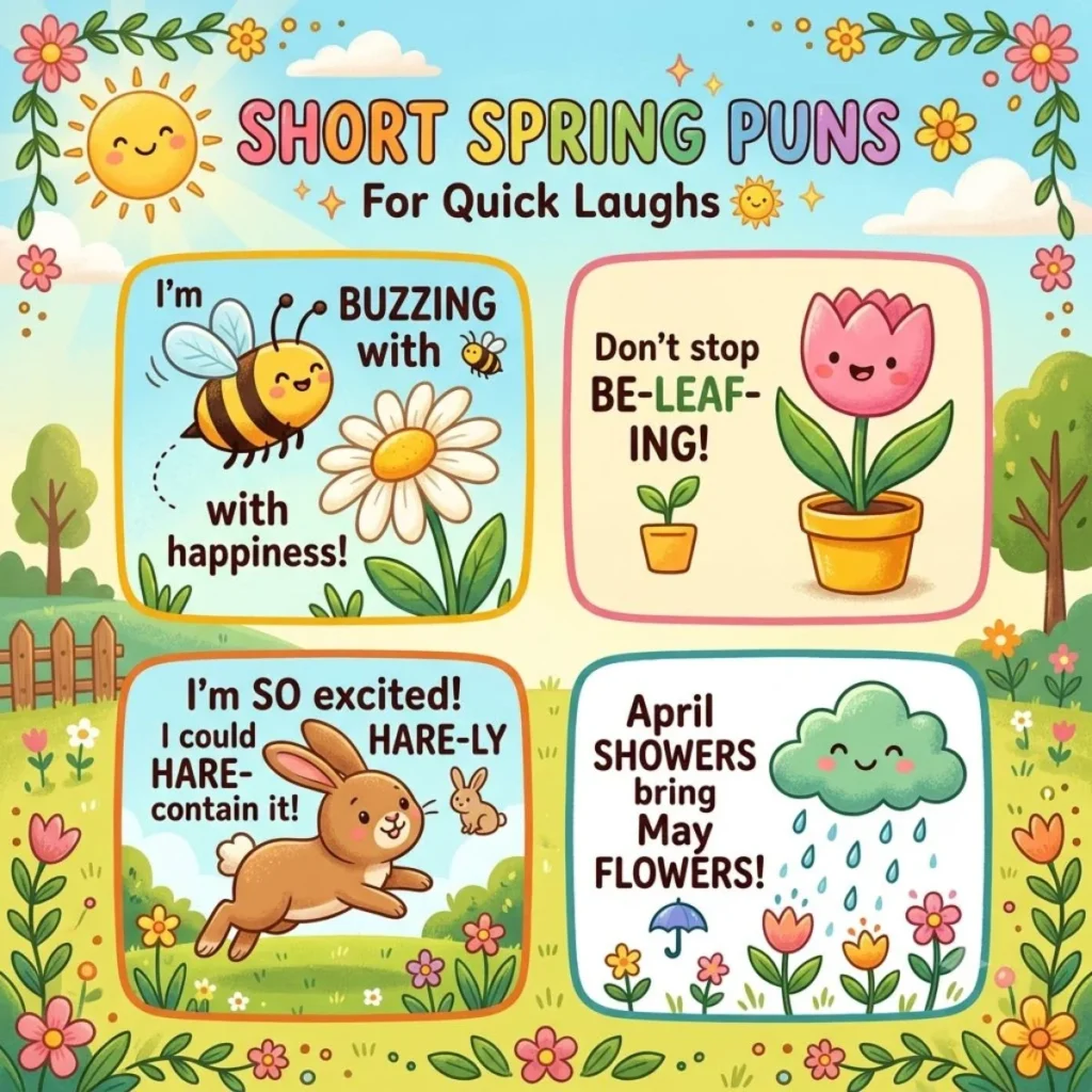 Four cute spring puns with illustrations of a bee, tulip, rabbit, and rain cloud in a bright sunny field.