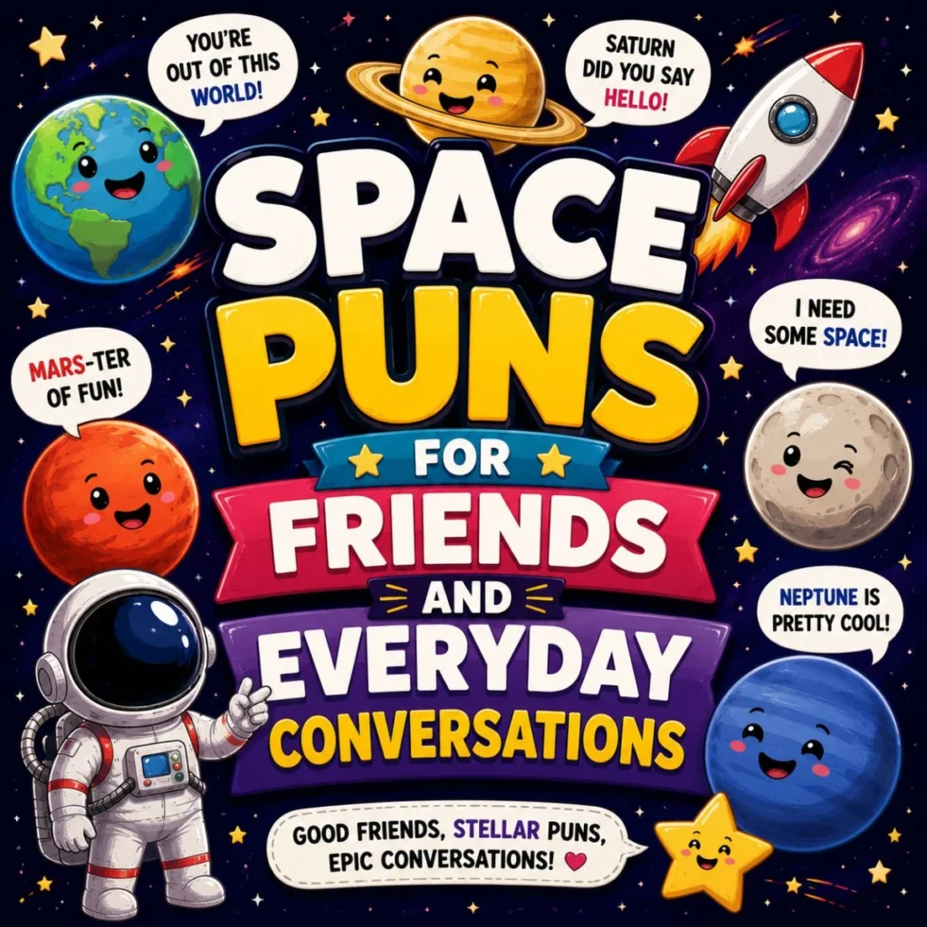 Cartoon astronaut and smiling planets with space puns for friends and everyday conversations