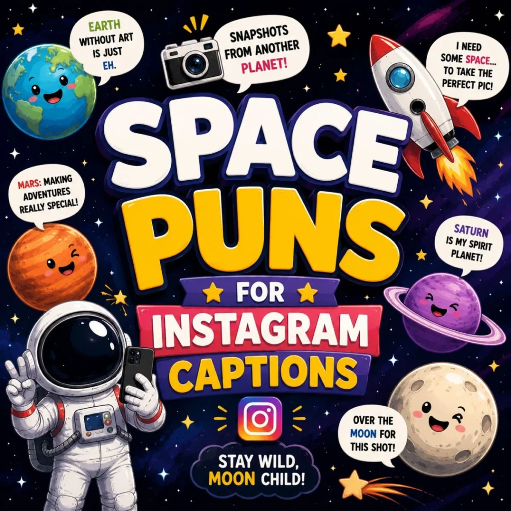 Cartoon astronaut with rocket and smiling planets featuring space puns for Instagram captions