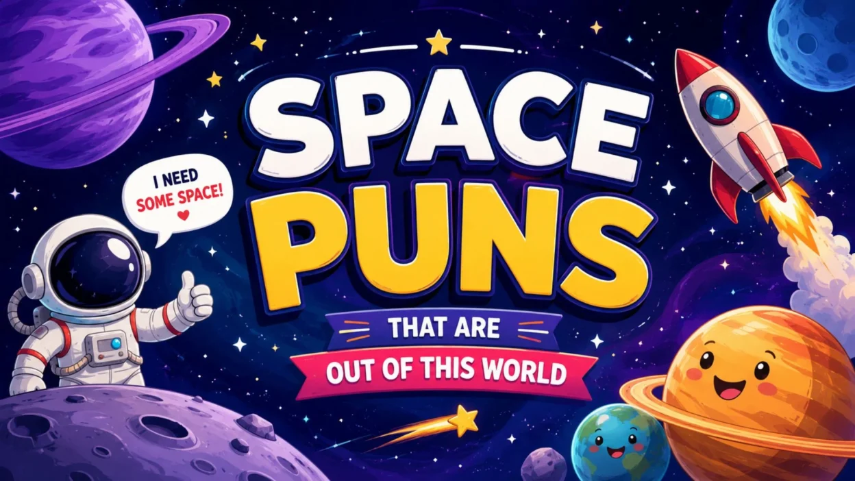 Colorful cartoon illustration featuring an astronaut, rocket, smiling planets, and the text "Space Puns That Are Out of This World"