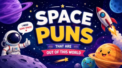 Colorful cartoon illustration featuring an astronaut, rocket, smiling planets, and the text "Space Puns That Are Out of This World"