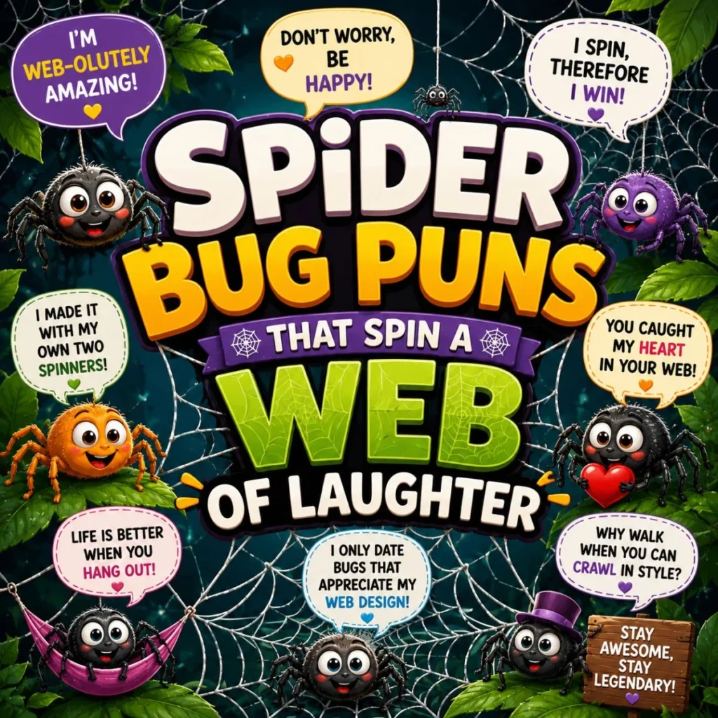 Spider bug puns illustration with cute cartoon spiders, spider webs, and funny web-themed jokes on a square poster