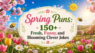Spring Puns blog post image with colorful flowers, smiling bees, and sunny meadow background.