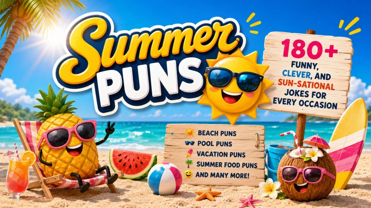 Summer puns beach illustration with smiling sun, pineapple, coconut, surfboard, and 180+ funny summer jokes collection