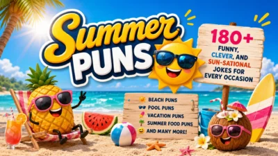 Summer puns beach illustration with smiling sun, pineapple, coconut, surfboard, and 180+ funny summer jokes collection